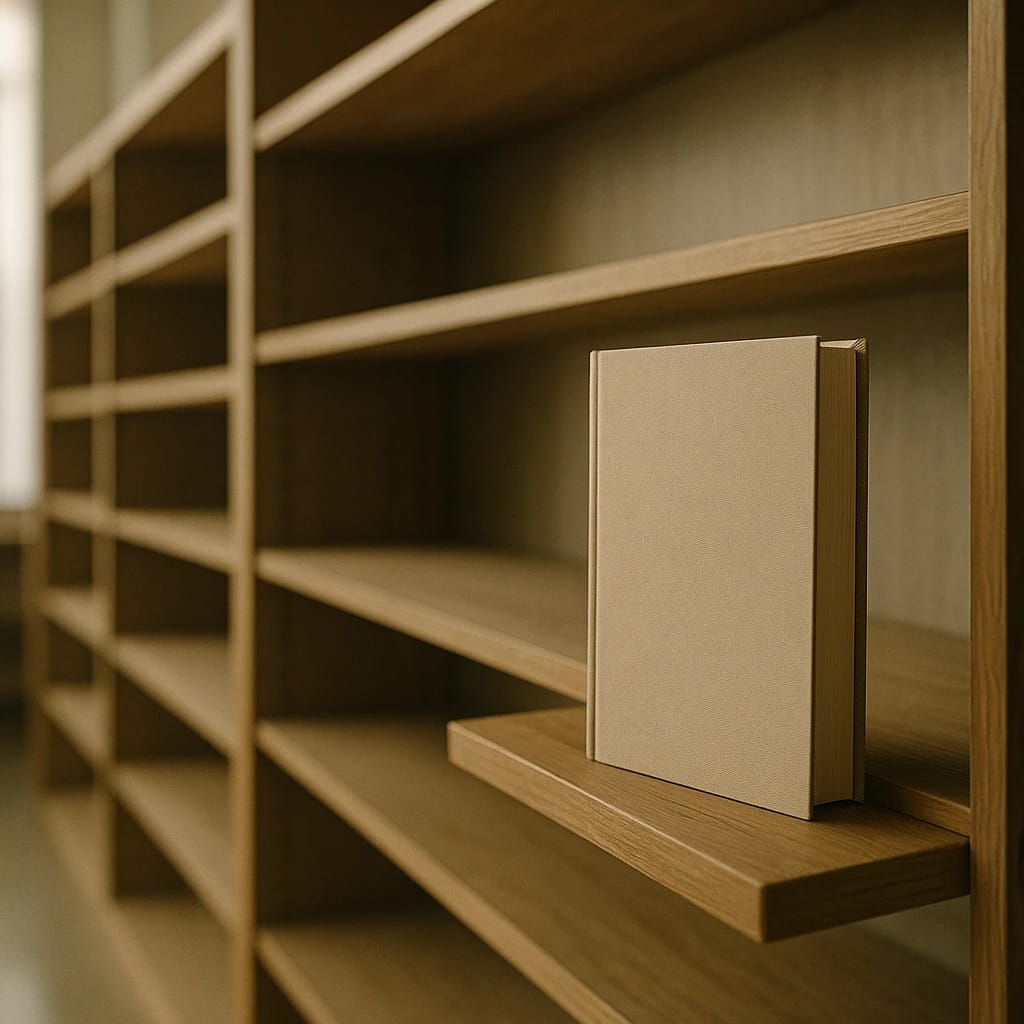 come-vendere-libri Libro singolo su una mensola di legno in una libreria vuota illuminata da luce naturale, simbolo del mercato editoriale difficile per gli autori indipendenti.