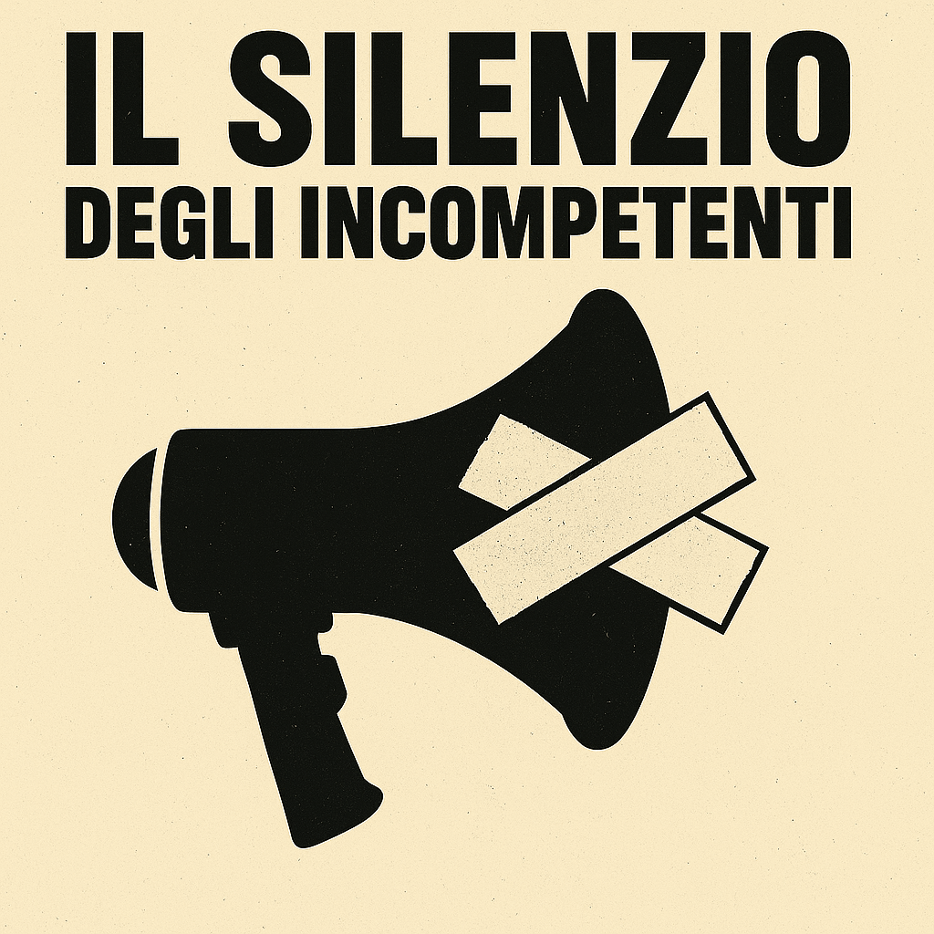 il-silenzio-degli-incompetenti-articolo.webp Megafono nero chiuso da due strisce di nastro adesivo: simbolo della censura e del controllo sulla parola pubblica