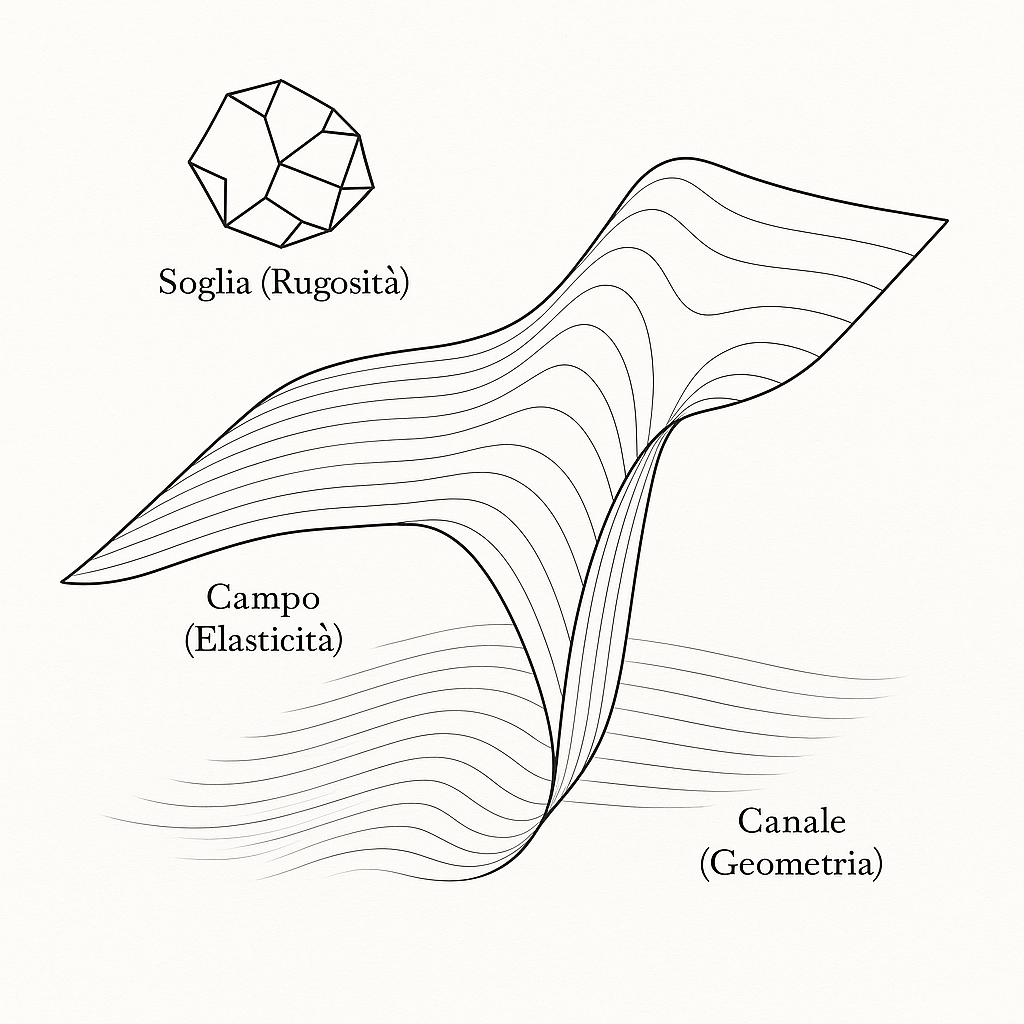 teoria-topologica-llm-piega-canale-roberto-errichelli.webp Diagramma in bianco e nero che mostra una superficie continua deformata da una piega centrale, illustrando la dinamica tra soggetto e LLM come campo topologico.