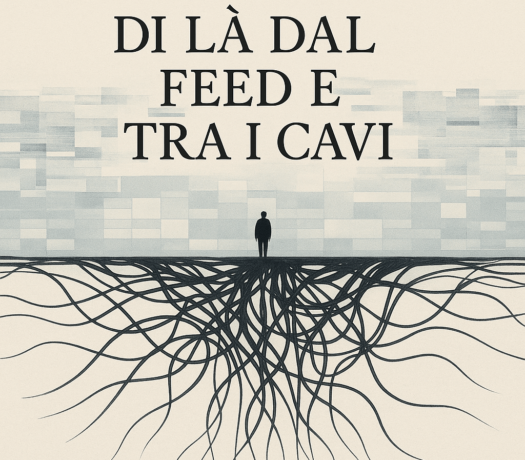 di-la-dal-feed-e-tra-i-cavi-algoritmo-furioso.webp Copertina minimale del libro immaginario “Di là dal feed e tra i cavi”, firmato da un Algoritmo furioso, a metà tra satira digitale e romanzo esistenziale.