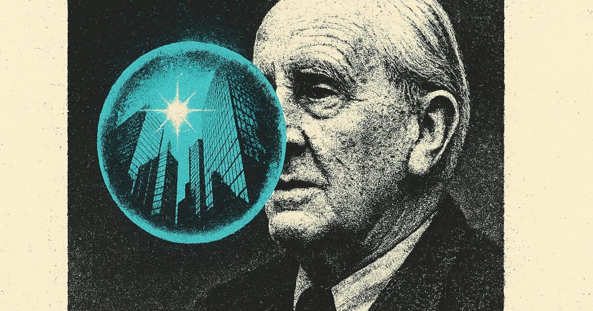 Ritratto in bianco e nero di J.R.R. Tolkien in stile halftone rétro, con un globo luminoso davanti all’occhio che riflette grattacieli moderni.