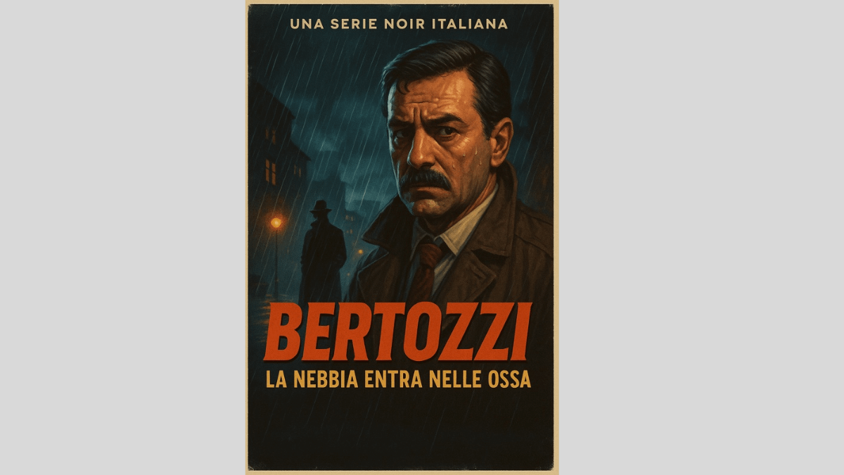 bertozzi-la-nebbia-entra-nelle-ossa-noir.jpg Copertina noir italiana con uomo in primo piano dall’espressione cupa sotto la pioggia. Titolo: Bertozzi – La nebbia entra nelle ossa.