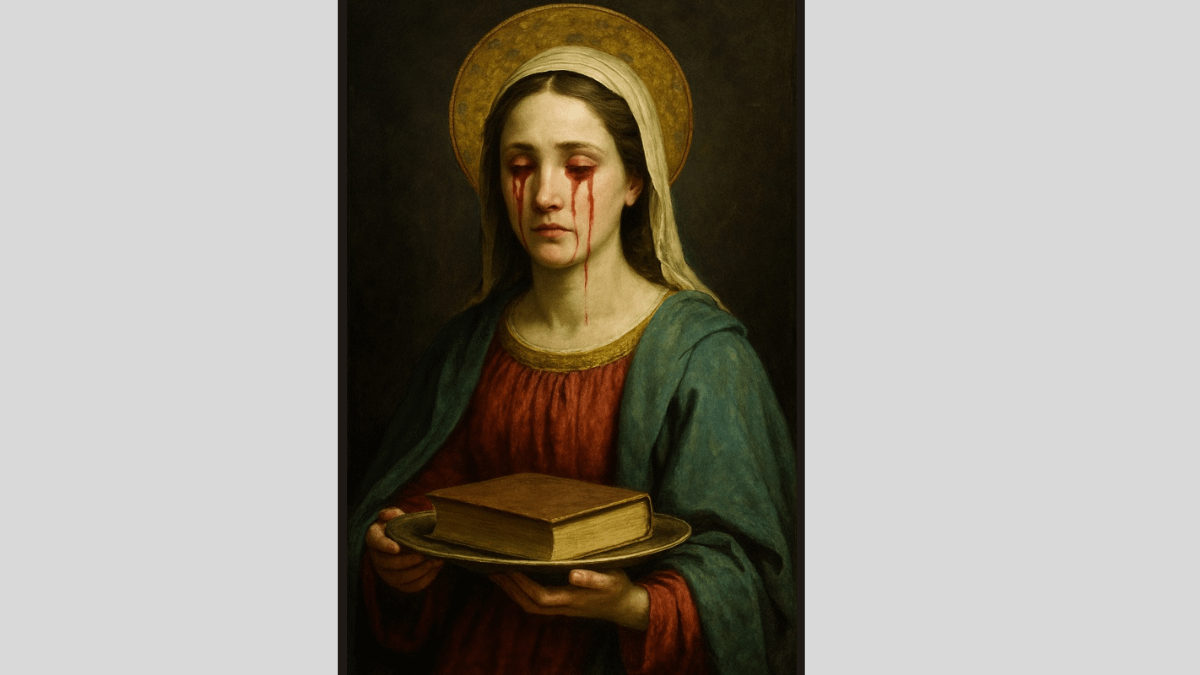 icona sacra con santa e lacrime di sangue che regge libro