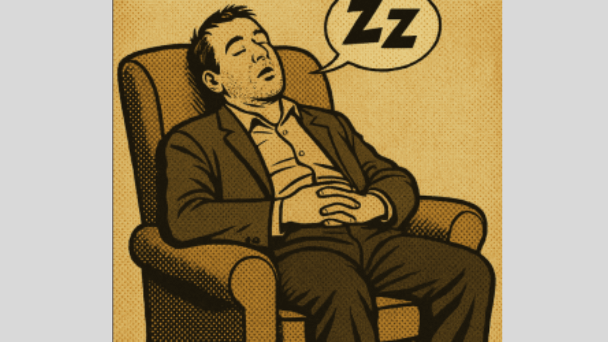 viaggio-dell-eroe-noia-halftone.jpg Viaggio dell’Eroe rappresentato come un uomo in giacca addormentato su una poltrona, in stile fumetto vintage halftone con balloon ‘ZZ’.