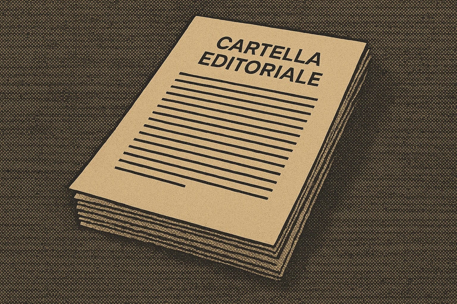cartella-editoriale-halftone Illustrazione halftone in tonalità seppia raffigurante una pila di fogli con la scritta “Cartella Editoriale”, simbolo della misura standard dei testi nel settore editoriale.