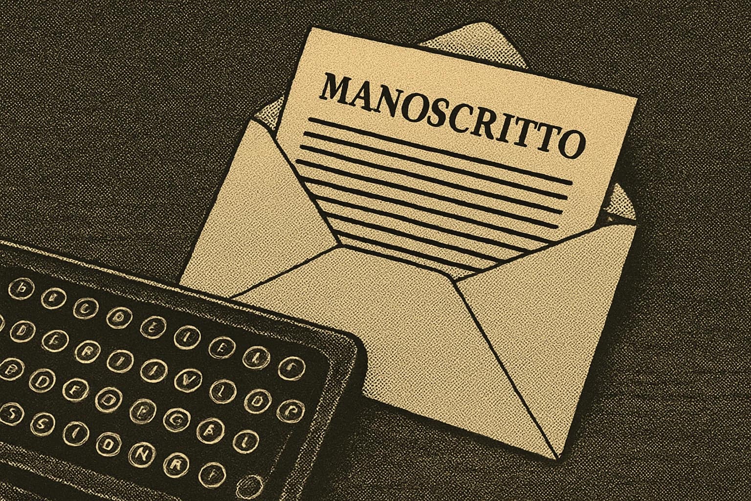 invio-manoscritto-halftone-busta-lettera Illustrazione halftone in tonalità seppia raffigurante una busta con fogli e macchina da scrivere, simbolo dell’invio di un manoscritto a un editore.