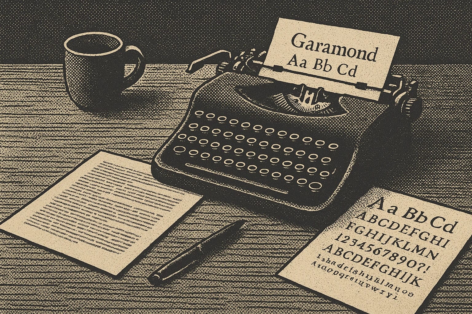 macchina-da-scrivere-halftone-manoscritto-font-garamond Illustrazione in stile halftone con macchina da scrivere vintage, fogli dattiloscritti e scheda del font Garamond su scrivania editoriale.