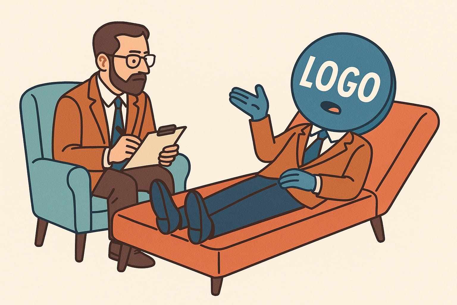 nevrosi-scrittura-aziendale Illustrazione in stile fumetto: un terapeuta prende appunti mentre un paziente con una testa a forma di logo aziendale parla sdraiato su un lettino arancione.