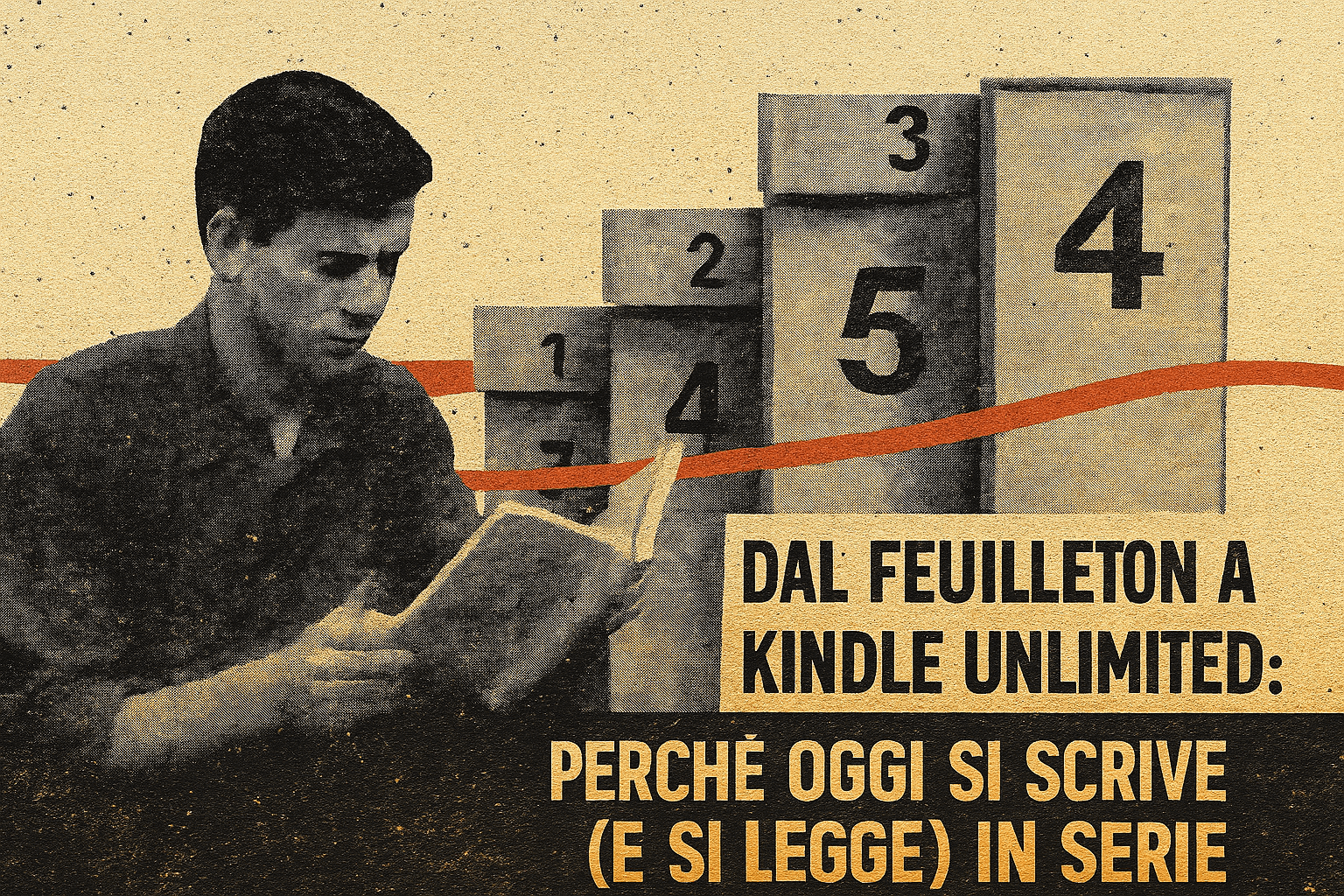binge-reading-feuilleton-moderno-narrativa-seriale.webp Collage visivo che rappresenta la continuità tra feuilleton ottocentesco e binge reading digitale: un lettore circondato da fascicoli numerati collegati da una linea rossa