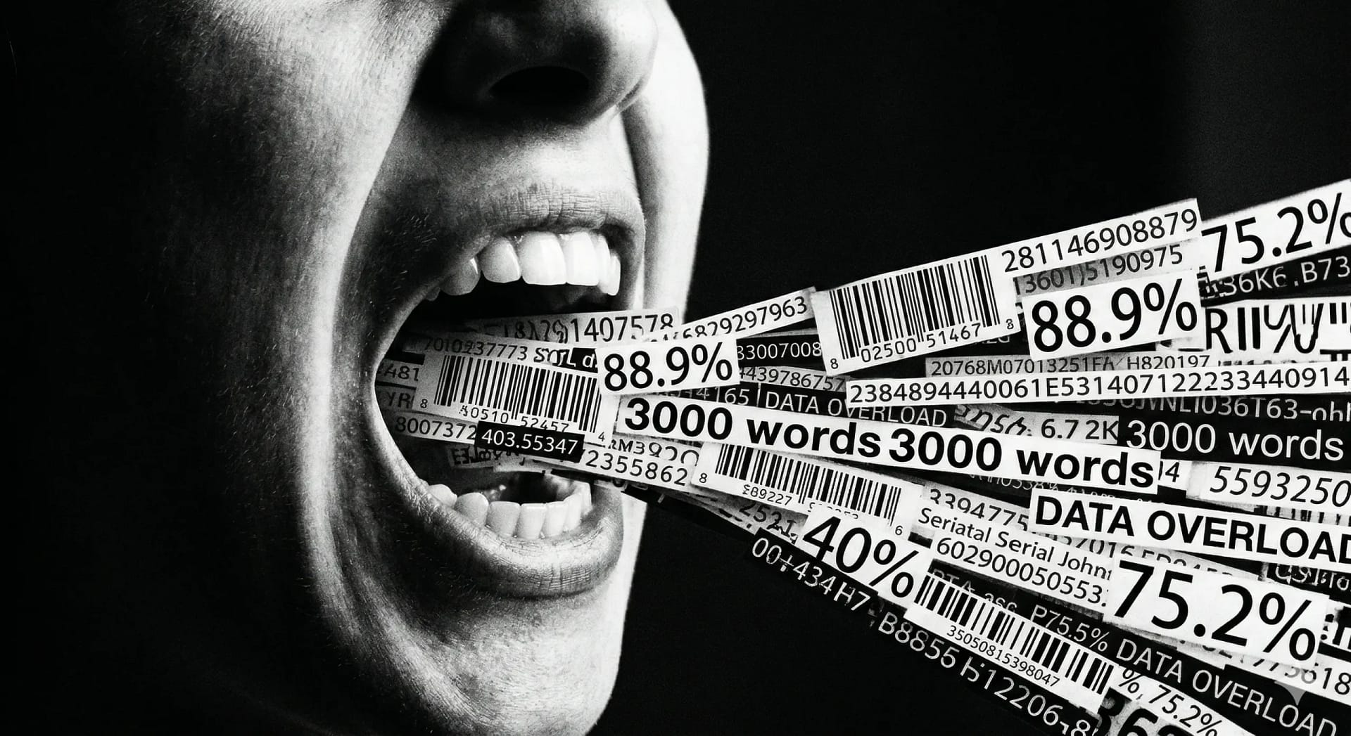metrica-ruba-voce-scrittura-ia.webp Fotografia concettuale in bianco e nero di una bocca umana che urla codici a barre, percentuali e word count. Rappresentazione della perdita della voce dell'autore a causa delle metriche SEO e degli algoritmi.