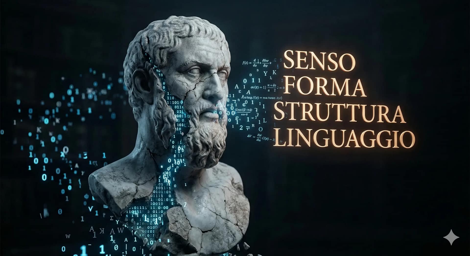 Illustrazione concettuale di un busto di marmo antico che si dissolve in frammenti di codice binario e lettere, con le parole 'Senso, Forma, Struttura, Linguaggio' che fluttuano in luce calda. Rappresentazione del linguaggio umano e degli LLM per sottrazione