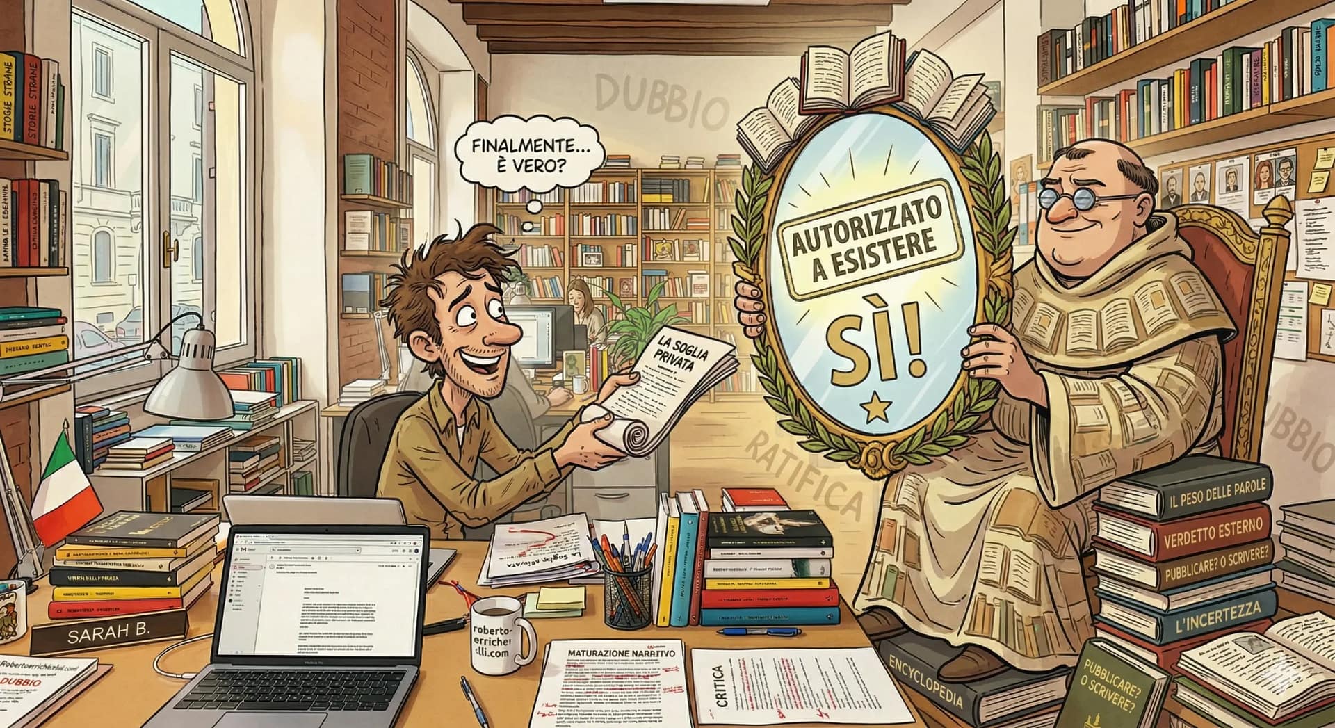 come-pubblicare-libro-verdetto-scrittura.webp Illustrazione fumettistica di uno scrittore che riceve un verdetto editoriale positivo riflesso in uno specchio con la scritta autorizzato a esistere.