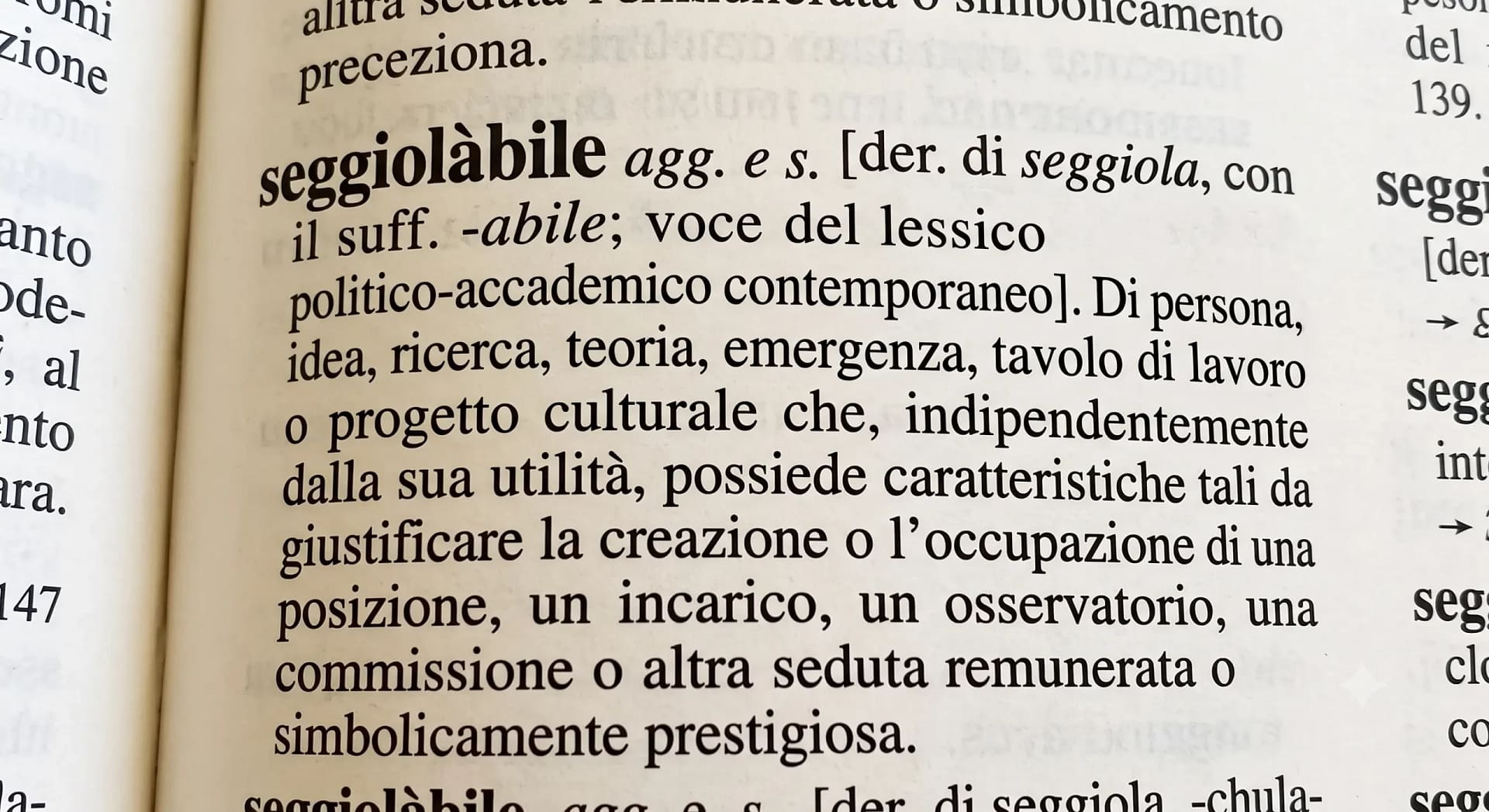 n primo piano fotografico di una pagina di un dizionario italiano cartaceo aperta. La messa a fuoco è sul termine "seggiolàbile" (agg. e s.), con la sua definizione dettagliata e il contesto d'uso nel lessico politico-accademico.