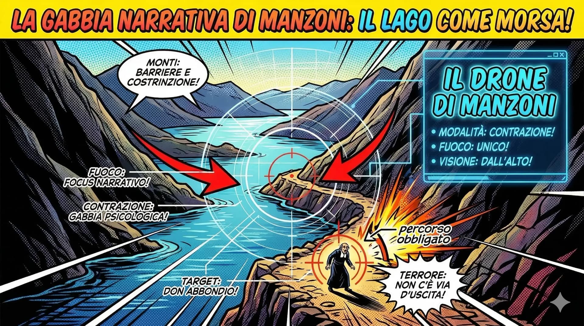 manzoni-drone-descrizione-narrativa.webp Illustrazione in stile pop-art che mostra l'analisi tecnica dell'incipit dei Promessi Sposi di Manzoni come una morsa narrativa, con Don Abbondio sotto un mirino su un sentiero obbligato tra i monti del Lago di Como.