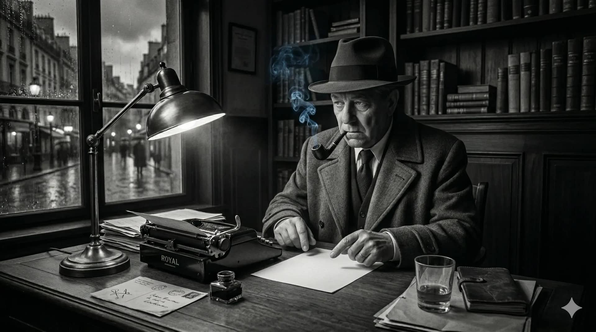 scrittura-invisibile-stile-simenon.webp Ritratto d'atmosfera noir che evoca lo stile di Georges Simenon: uno scrittore concentrato nel silenzio della notte, circondato da oggetti essenziali, luce soffusa e fumo di pipa, simbolo di una narrazione densa e controllata.