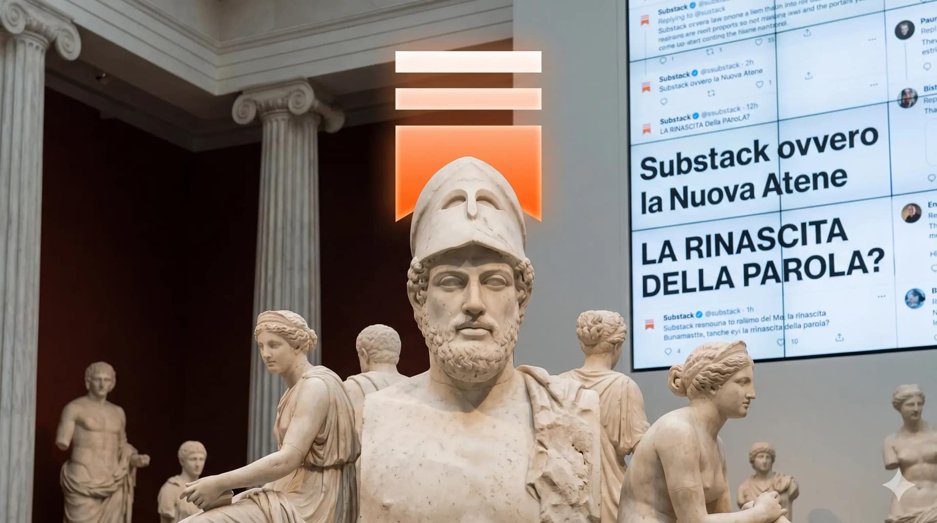 scultura classica con logo substack metafora nuova atene digitale Busto in marmo di Pericle con aureola del logo Substack arancione luminoso. Sullo sfondo, uno schermo digitale mostra il testo dell'articolo: "Substack ovvero la Nuova Atene - La rinascita della parola?". Metafora visiva sulla piattaforma di scrittura online.