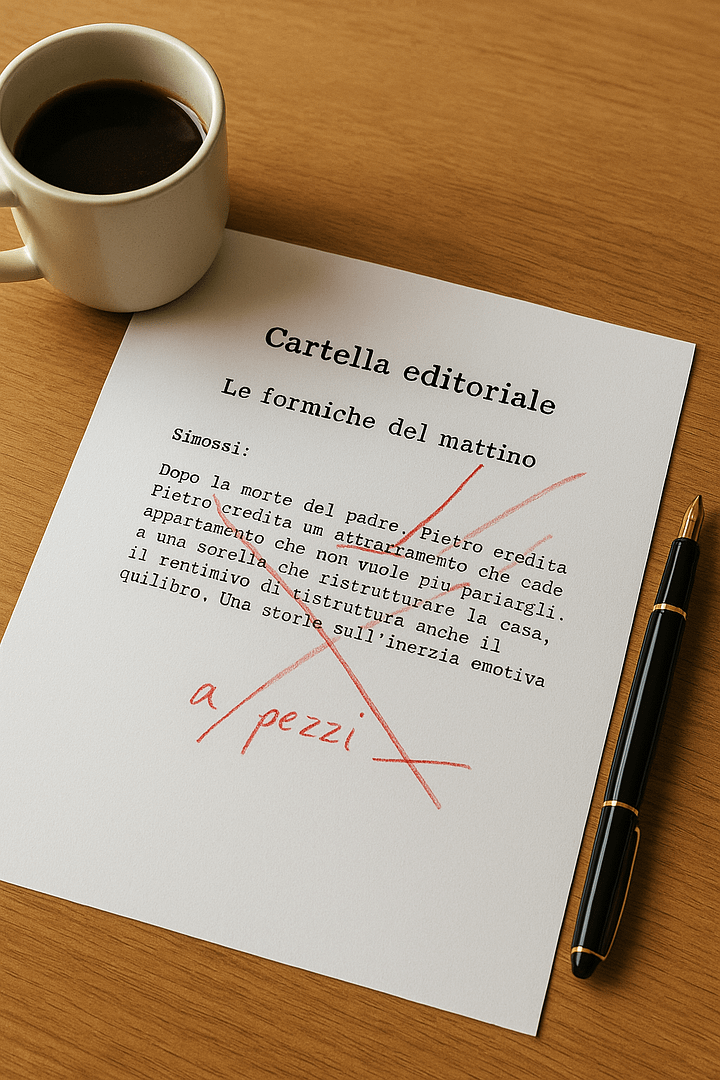 cartella-editoriale-esempio-roberto-errichelli.webp Foglio dattiloscritto con il titolo “Cartella editoriale – Le formiche del mattino”, segnato da correzioni a matita rossa, accanto a una tazza di caffè e una penna stilografica su un tavolo di legno chiaro.