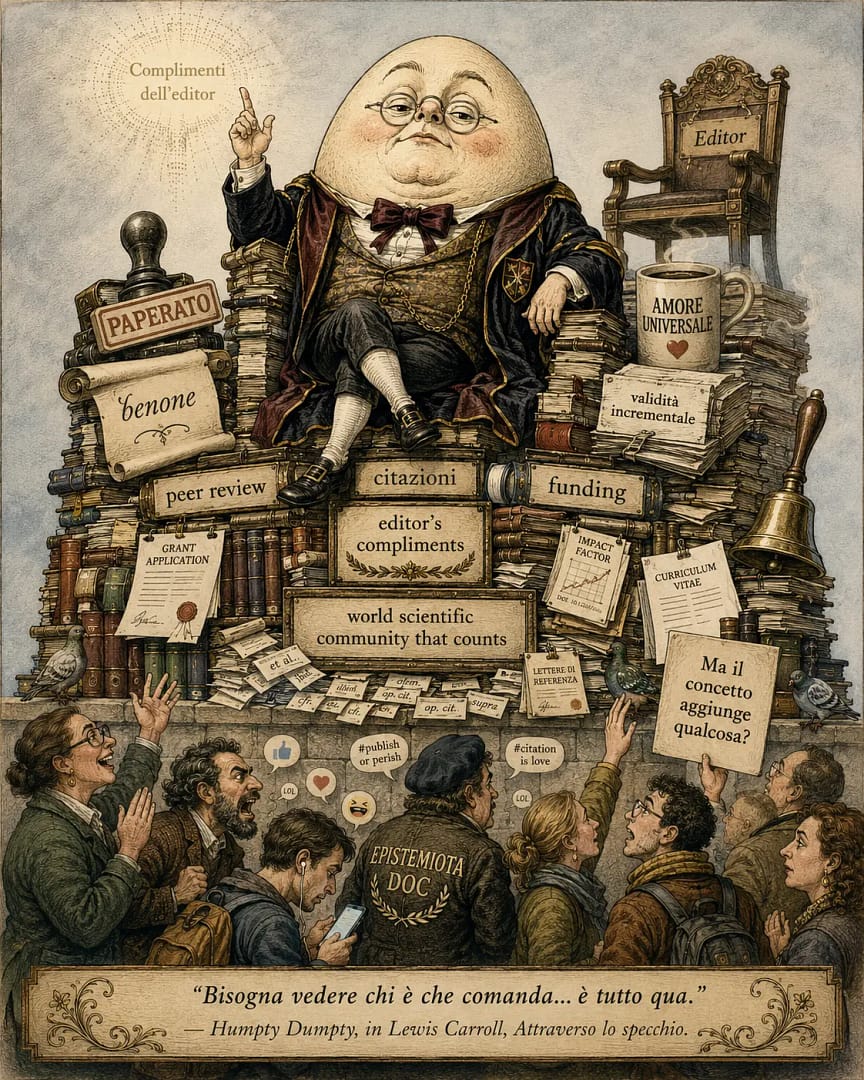 humpty-dumpty-epistemarca-cazzademia.webp Illustrazione satirica di Humpty Dumpty in veste di pomposo professore universitario, seduto su un trono di libri, paper, citazioni e finanziamenti, mentre sotto di lui una folla di commentatori discute e un uomo alza il cartello “Ma il concetto aggiunge qualcosa?”.